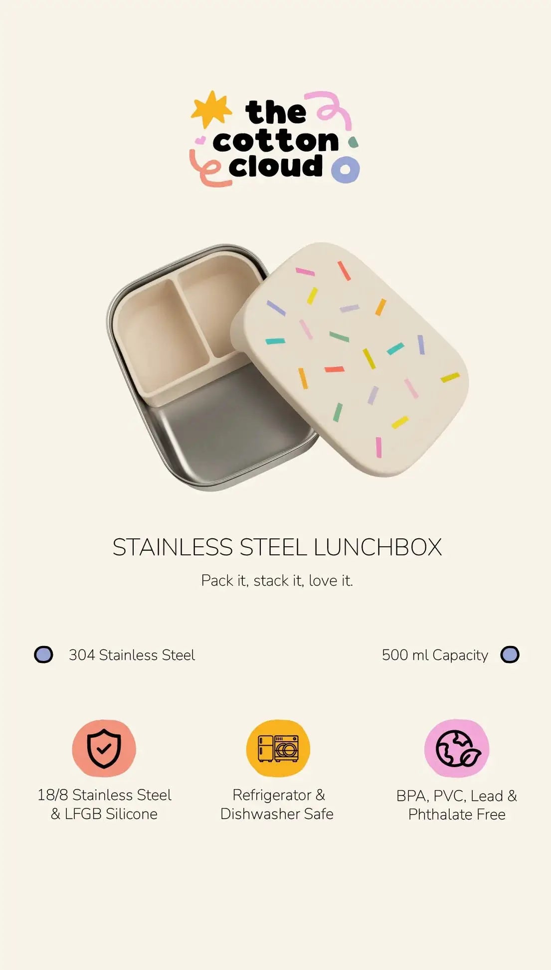 The Cotton Cloud lunchbox by Citron Grenadine, stainless steel with a cream lid featuring colorful sprinkles.