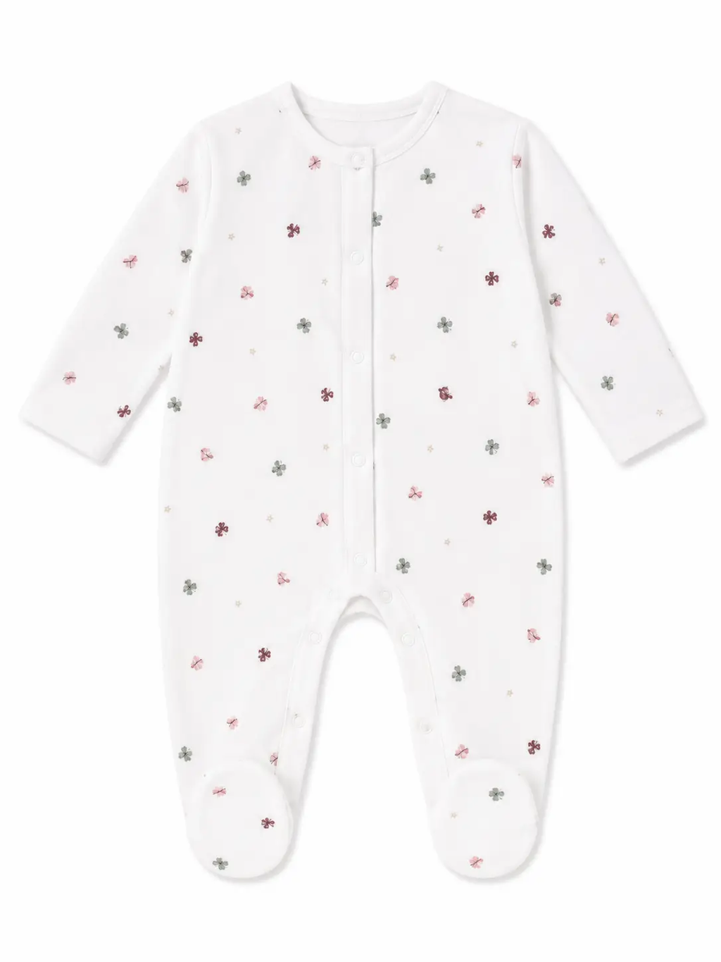 MORE THAN BABIES butterfly pyjama bodysuit; white with pastel flower prints and footed design
