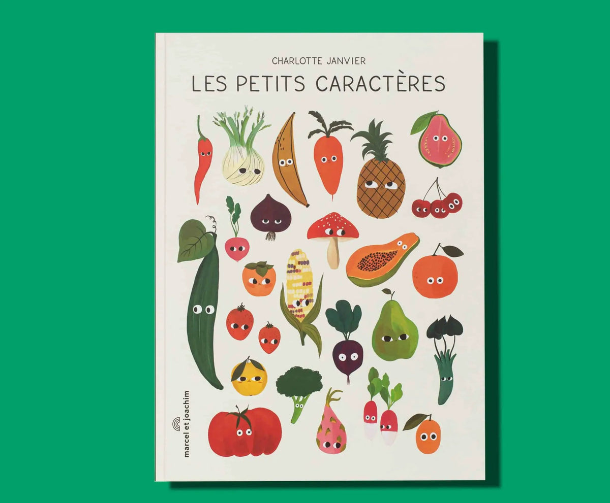 Print book Marcel et Joachim: Les Petits Caractères; Citron Grenadine cream cover with fruit illustrations.
