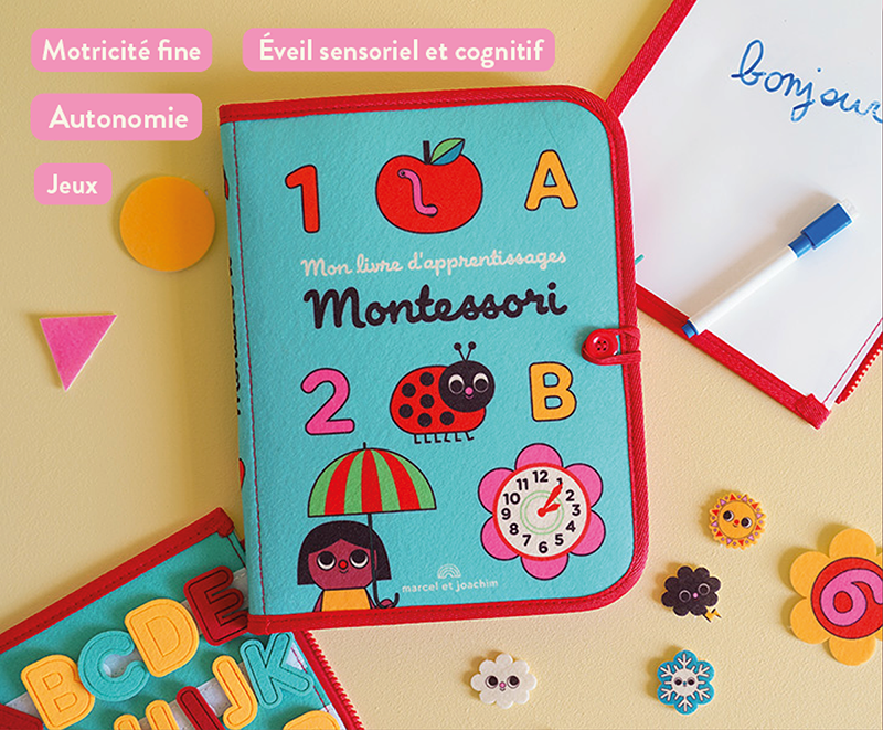 Livre MARCEL ET JOACHIM Montessori Citron Grenadine - couverture turquoise avec bord rouge et illustrations colorées