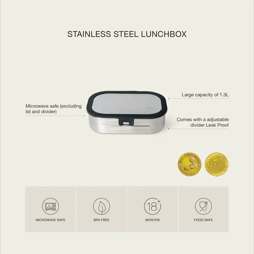 Citron Grenadine stainless steel lunchbox with black lid, 1.3L capacity, microwave-safe (lid excluded)