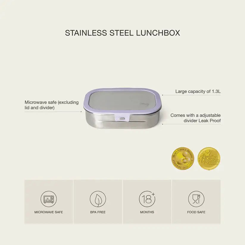 Citron Grenadine stainless steel lunch box with purple lid, 1.3L capacity
