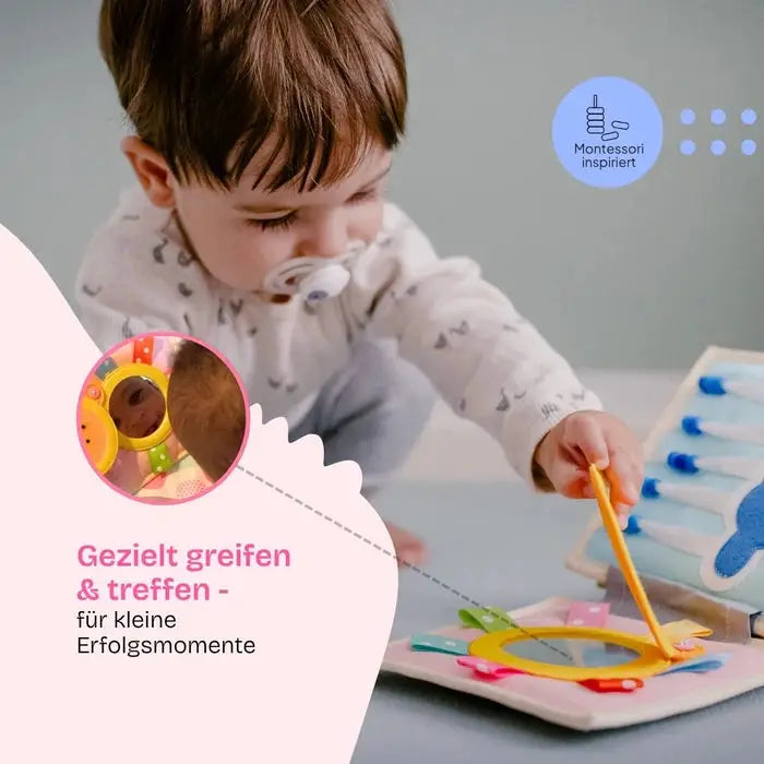 JOLLY DESIGNS livre d'éveil pour bébé 4m+ en tissu – activité sensorielle colorée, Montessori inspiré