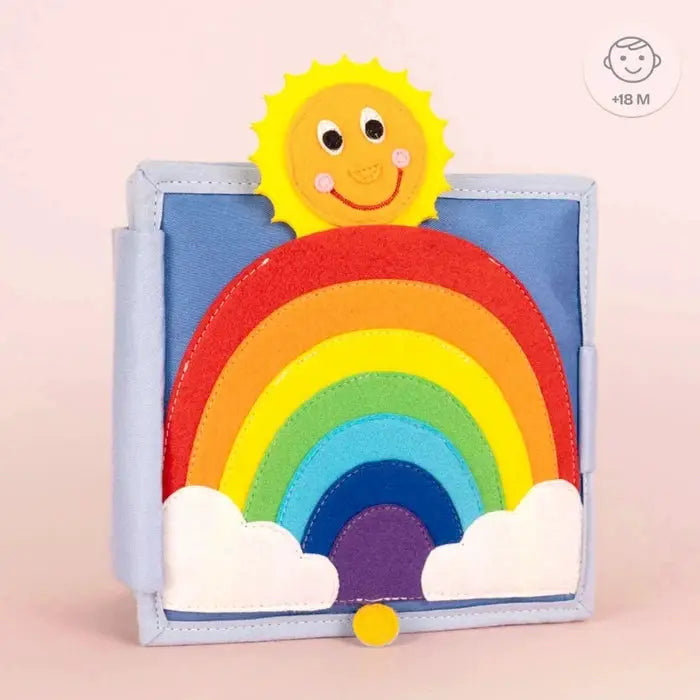 Livre d'éveil en feutrine JOLLY DESIGNS par Citron Grenadine: arc-en-ciel coloré et soleil souriant, 18m+