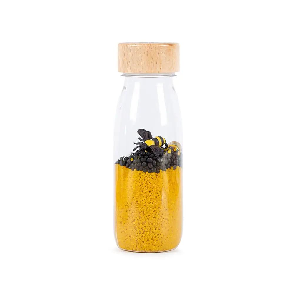 PETIT BOUM bouteille sensorielle pour bébé, flacon en verre, bouchon bois, abeille décorative, jaunes et perles noires