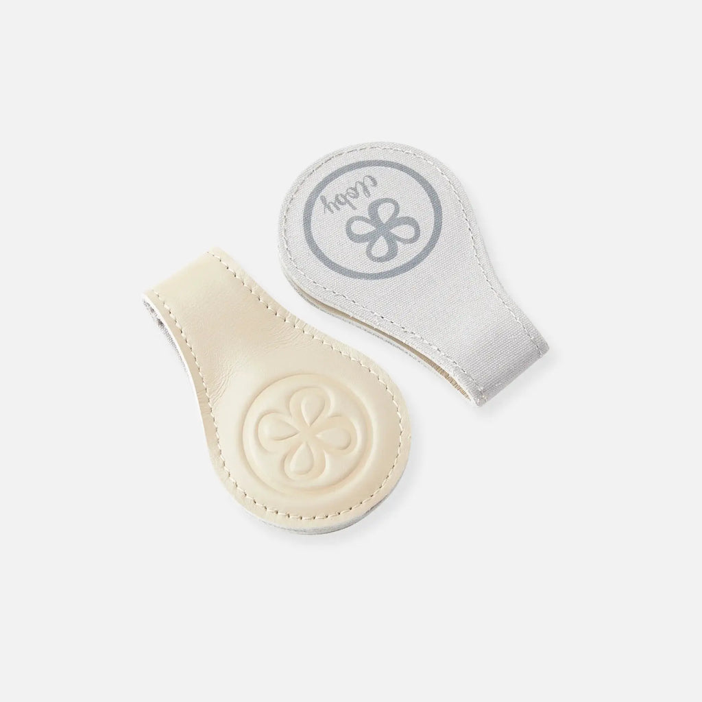 CLOBY clips pair in beige and gray; stroller hooks with fabric and leather straps