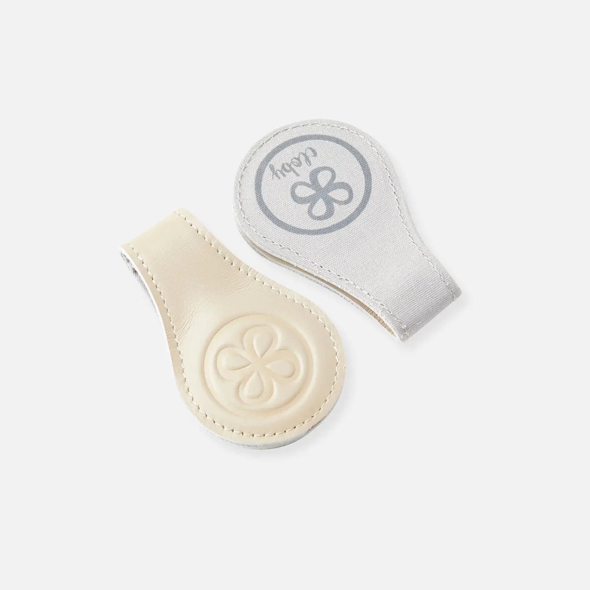 CLOBY clips pair in beige and gray; stroller hooks with fabric and leather straps