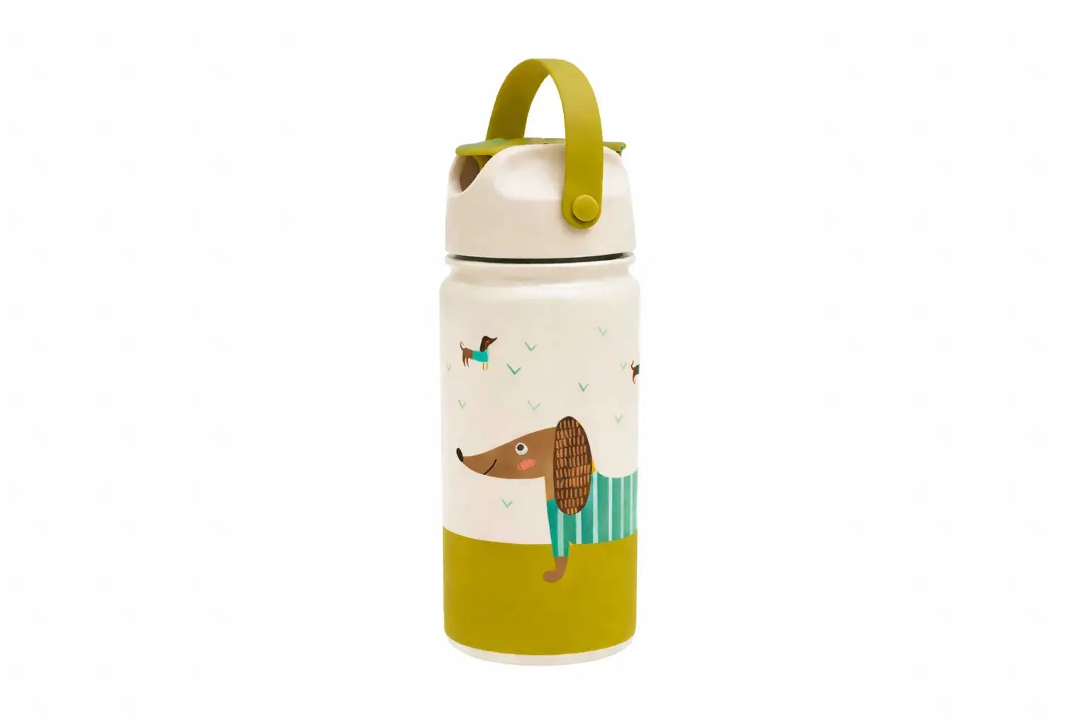 Gourde isotherme THE COTTON CLOUD 420ml teckel par Citron Grenadine, crème avec motif teckel et sangle jaune