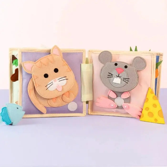 JOLLY DESIGNS livre d'éveil animal friends, 2 albums pastel violet/pink avec chat et souris, Citron Grenadine