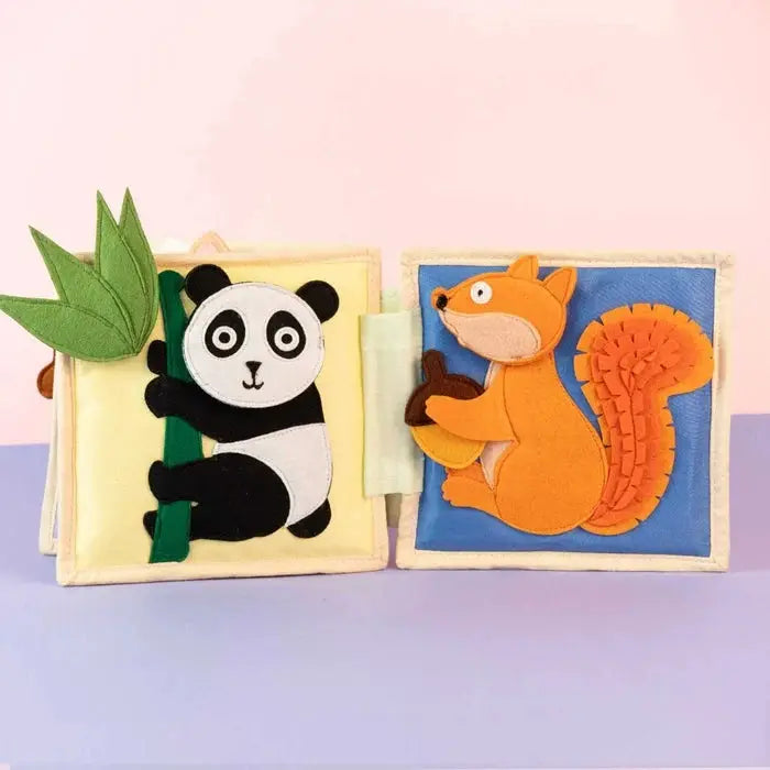 Jouet livre d'éveil en feutrine Citron Grenadine, panda sur page jaune, écureuil sur page bleue, 2 volets reliés