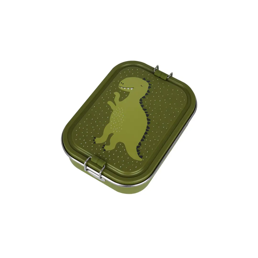 TRIXIE lunch box L Mr Dino, olive-green dinosaur-themed lunch container with metal latches
