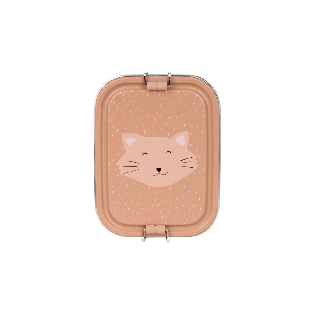 TRIXIE lunch box S by Citron Grenadine, coral pink with a cat-face lid and metal clasps.