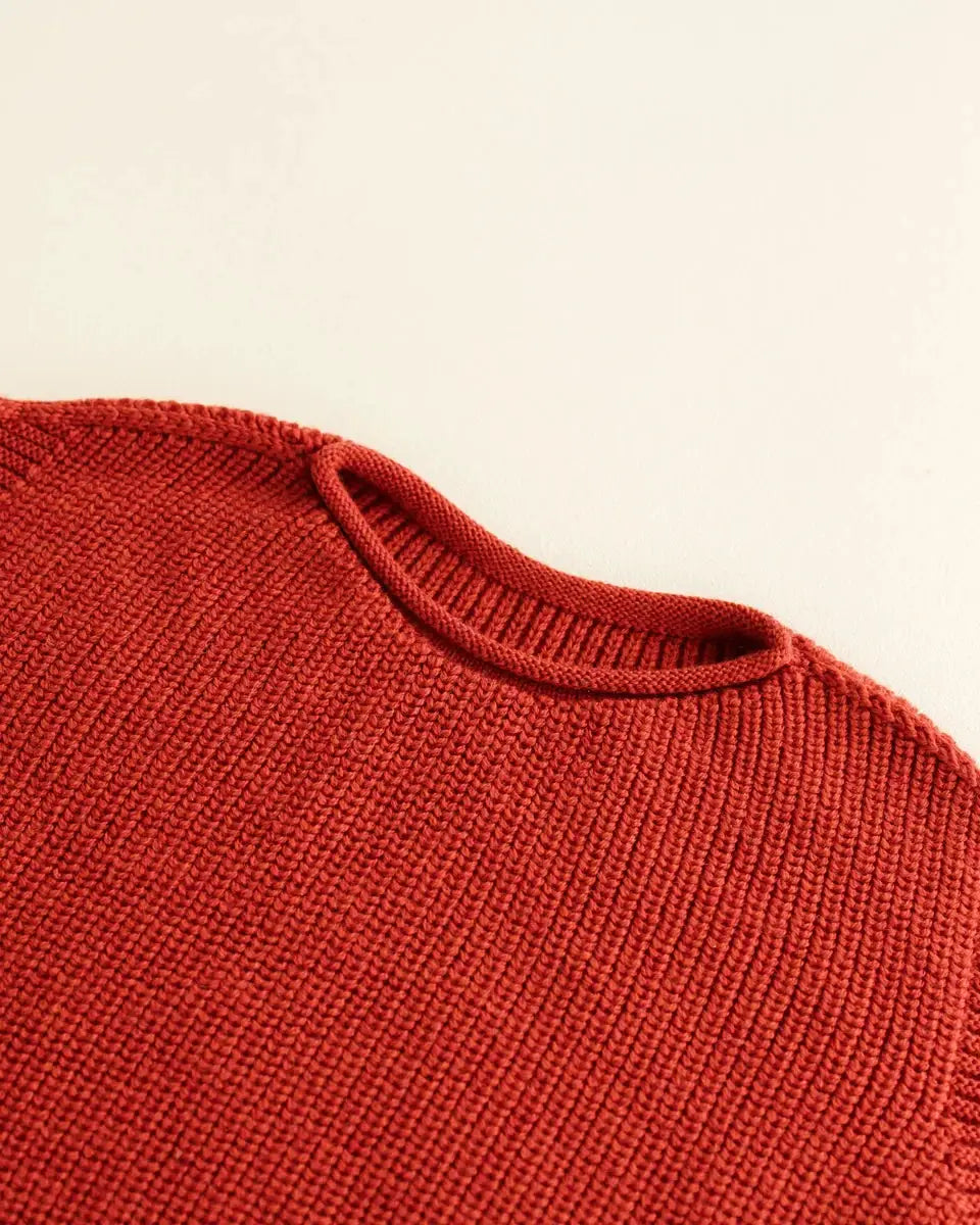 Harvey Kids red knit sweater by Citron Grenadine, ribbed neckline close-up