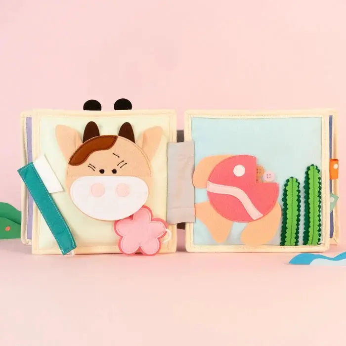 JOLLY DESIGNS livre d'éveil en tissu Citron Grenadine: vache et flamant rose, cactus, 2 animaux, jouet bébé 12m+