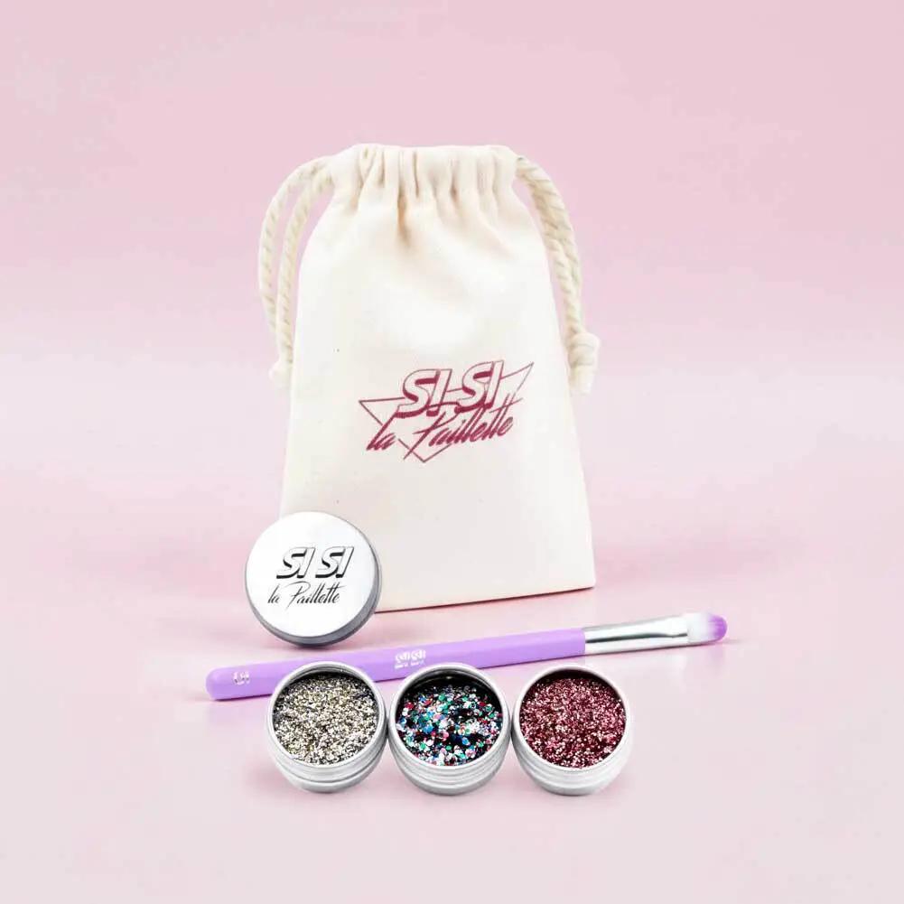 Si Si la paillette kit 3 iconique glitter set with 3 glitter pots and lavender brush in a white drawstring pouch