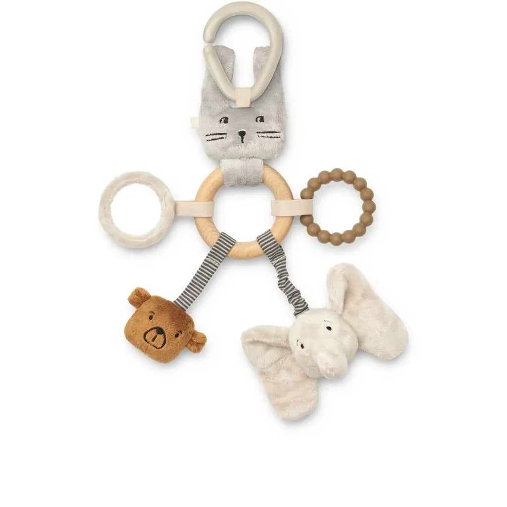 LIEWOOD hochet Angie mist mix by Citron Grenadine; baby rattle with wooden ring and plush cat, bear and elephant charms