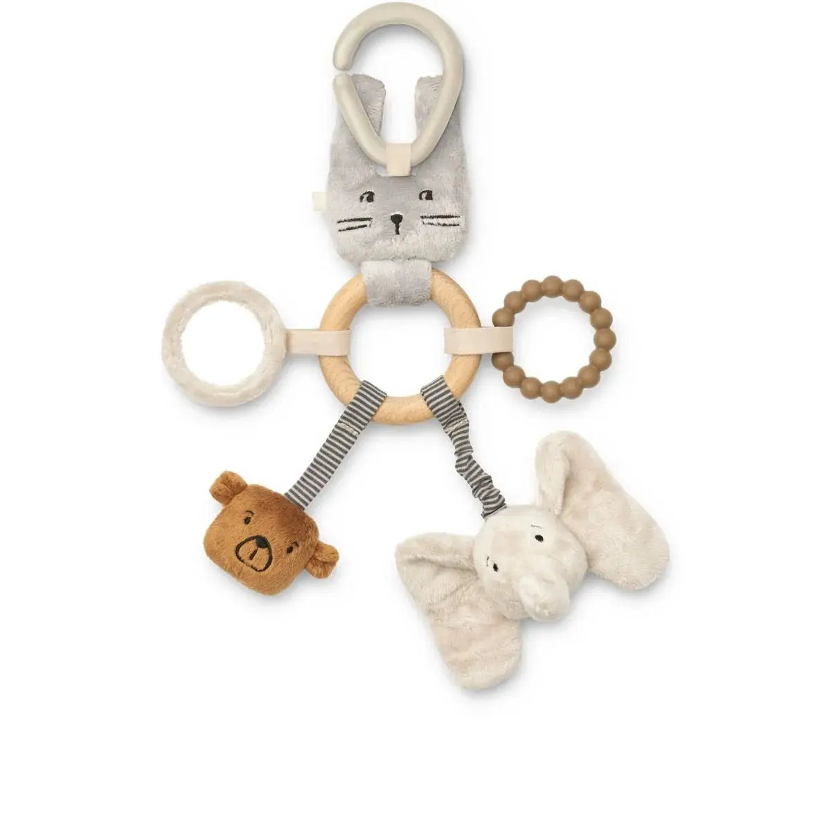 LIEWOOD hochet Angie mist mix by Citron Grenadine; baby rattle with wooden ring and plush cat, bear and elephant charms