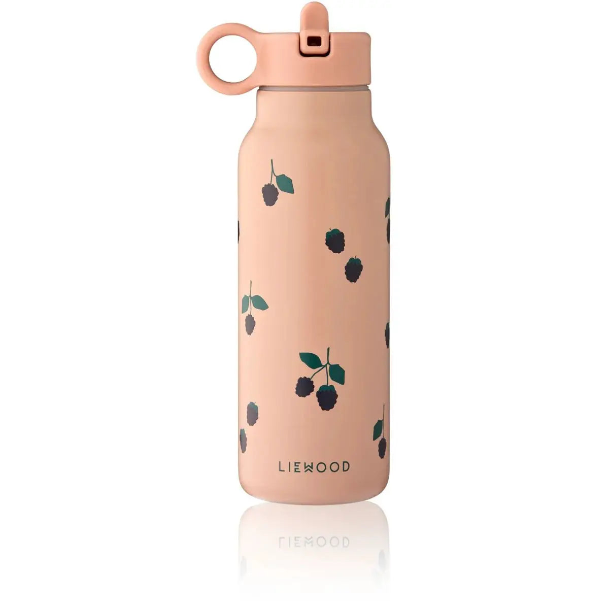 LIEWOOD 350ml gourde in pale pink with berry pattern and green leaves, ring handle