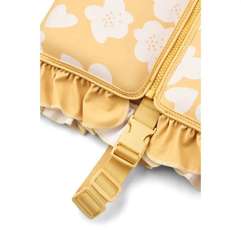 LIEWOOD dove swim vest in lemon yellow with flower print, ruffle trim and buckle strap