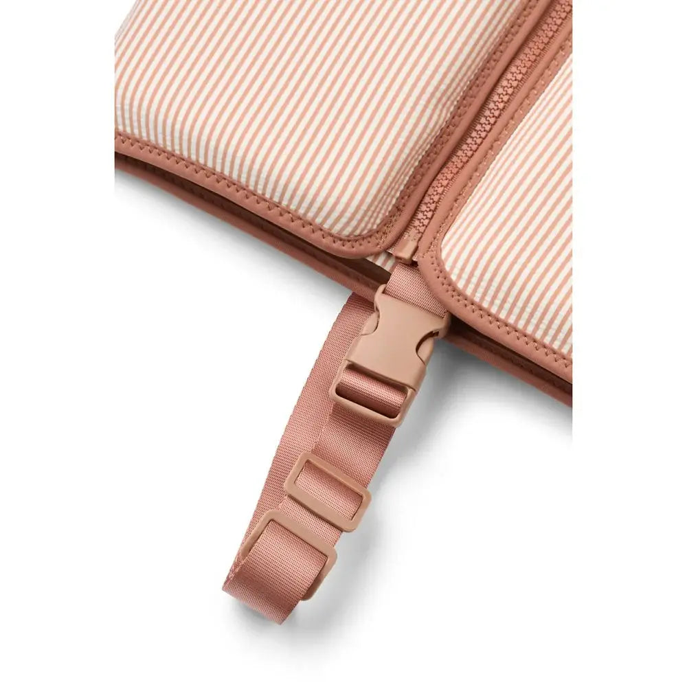 LIEWOOD swim vest; pale Tuscany creme striped fabric with pink strap and buckle