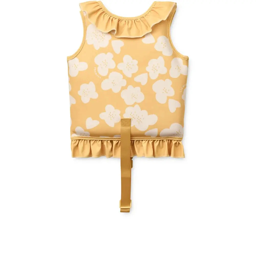 LIEWOOD dove swim vest lemon yellow with white floral print, featuring a ruffled neck and waist strap