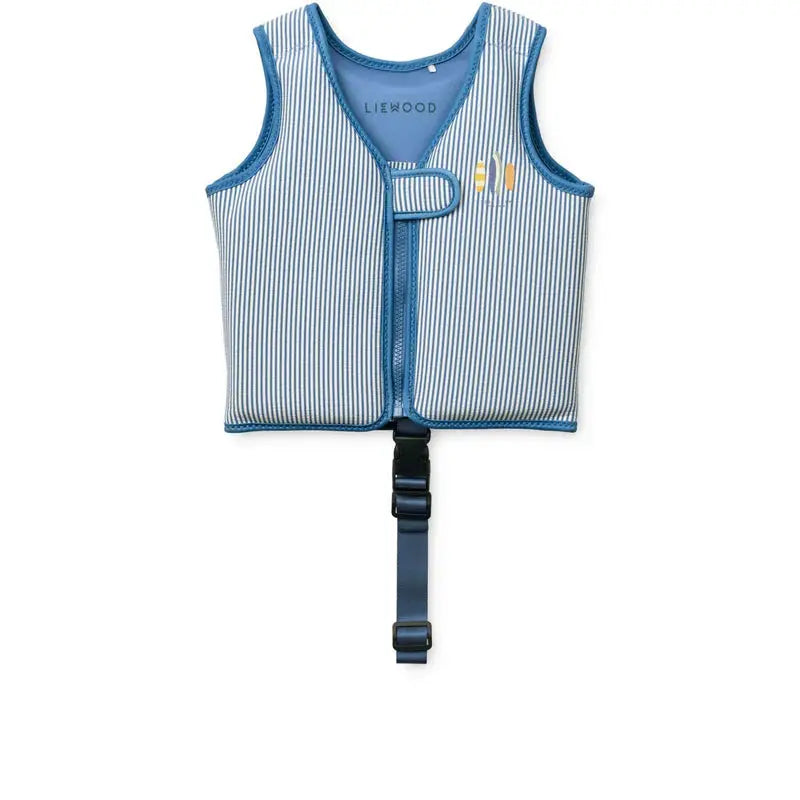 LIEWOOD striped swim vest in riverside creme with blue trim and adjustable buckle strap