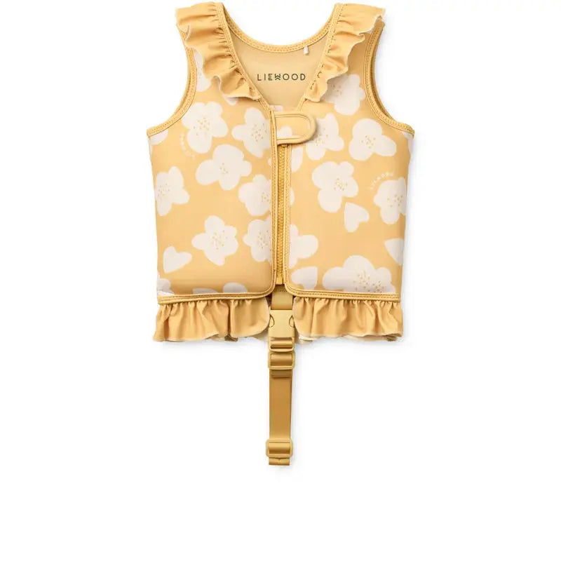 LIEWOOD lemon-yellow flower-print swim vest with ruffled edges, front zipper and adjustable strap