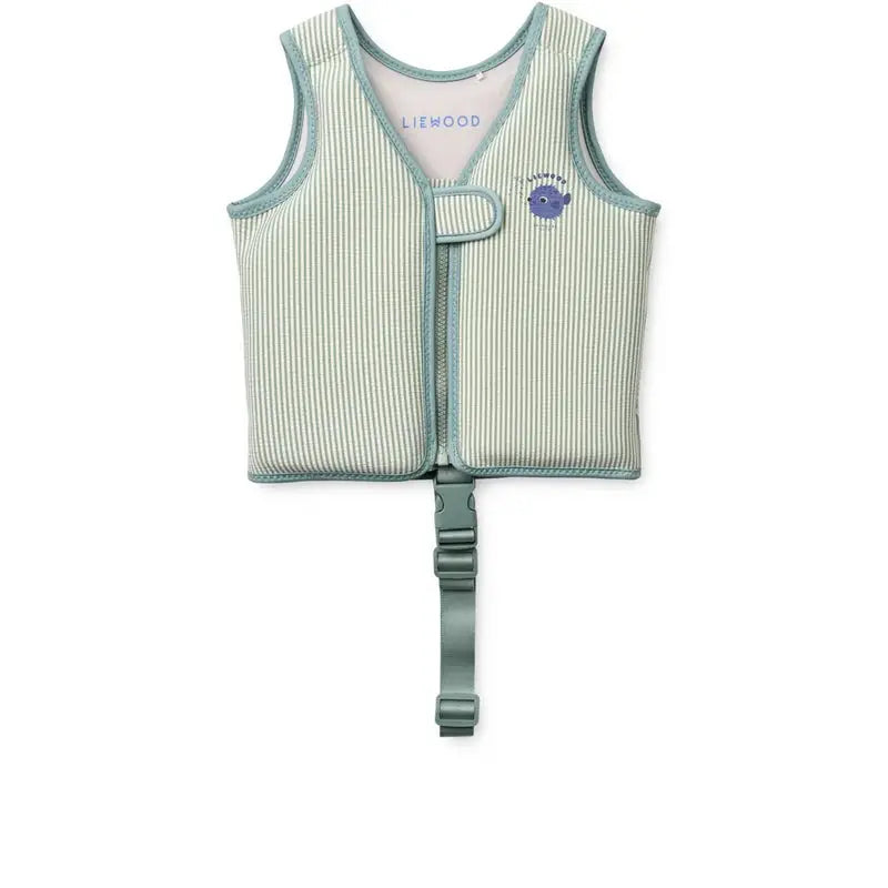 LIEWOOD dove swim vest peppermint sandy for kids; mint striped fabric with teal trim and front buckle strap