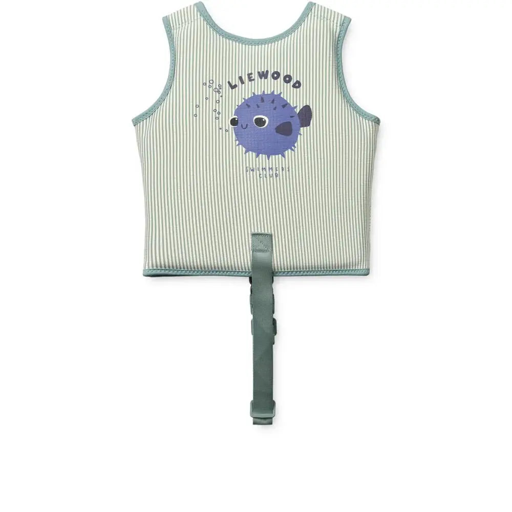 Gilet de natation LIEWOOD pour enfants, rayé menthe avec poisson bleu et sangle réglable