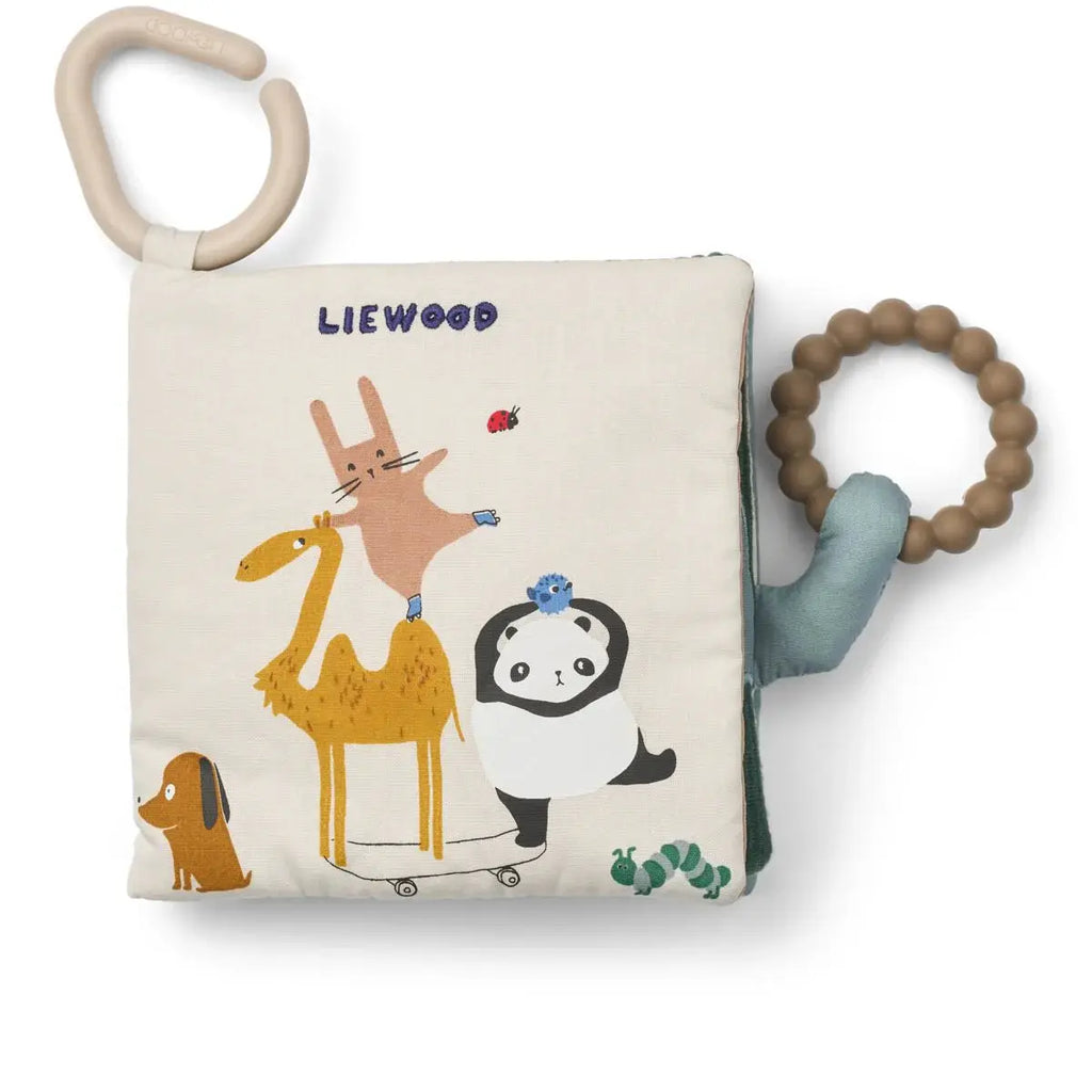 LIEWOOD baby activity book 0m+ around the world; beige fabric with animal illustrations, wooden ring and beaded ring