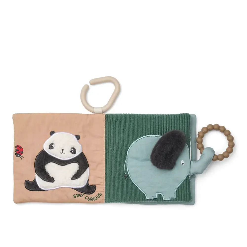 Liewood livre d'activités bébé 0m+, panda et éléphant sur panneaux beige et vert, textures douces et anneau en bois