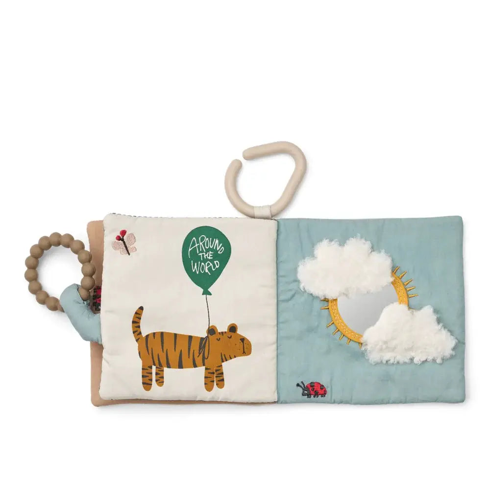 LIEWOOD baby activity book around the world; fabric pages with tiger motif, cloud sun mirror, wooden ring with beads