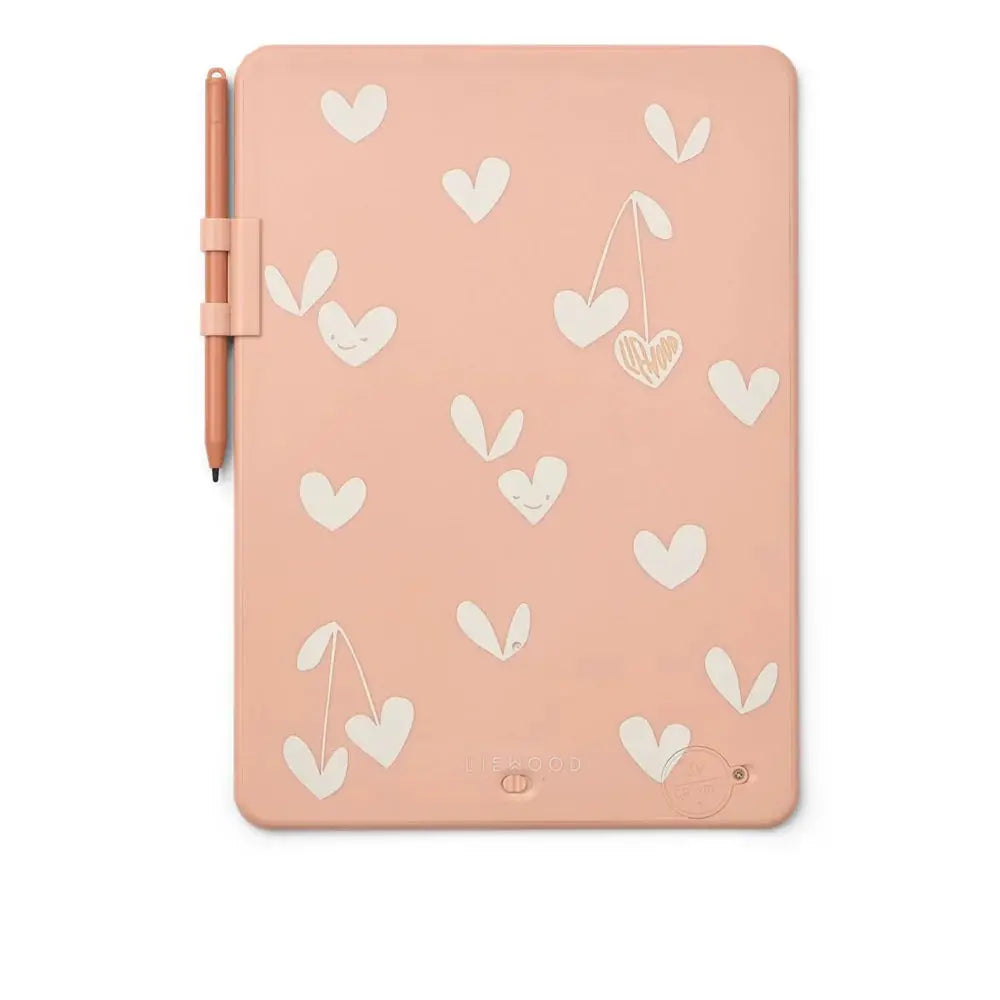 LIEWOOD drawing tablet in pale peach with white heart pattern and attached stylus