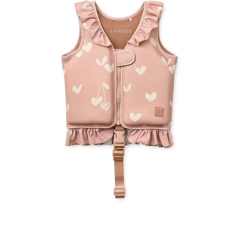 LIEWOOD dove swim vest in sweetheart pale tuscany with heart prints, ruffled edges, front zipper and adjustable buckle