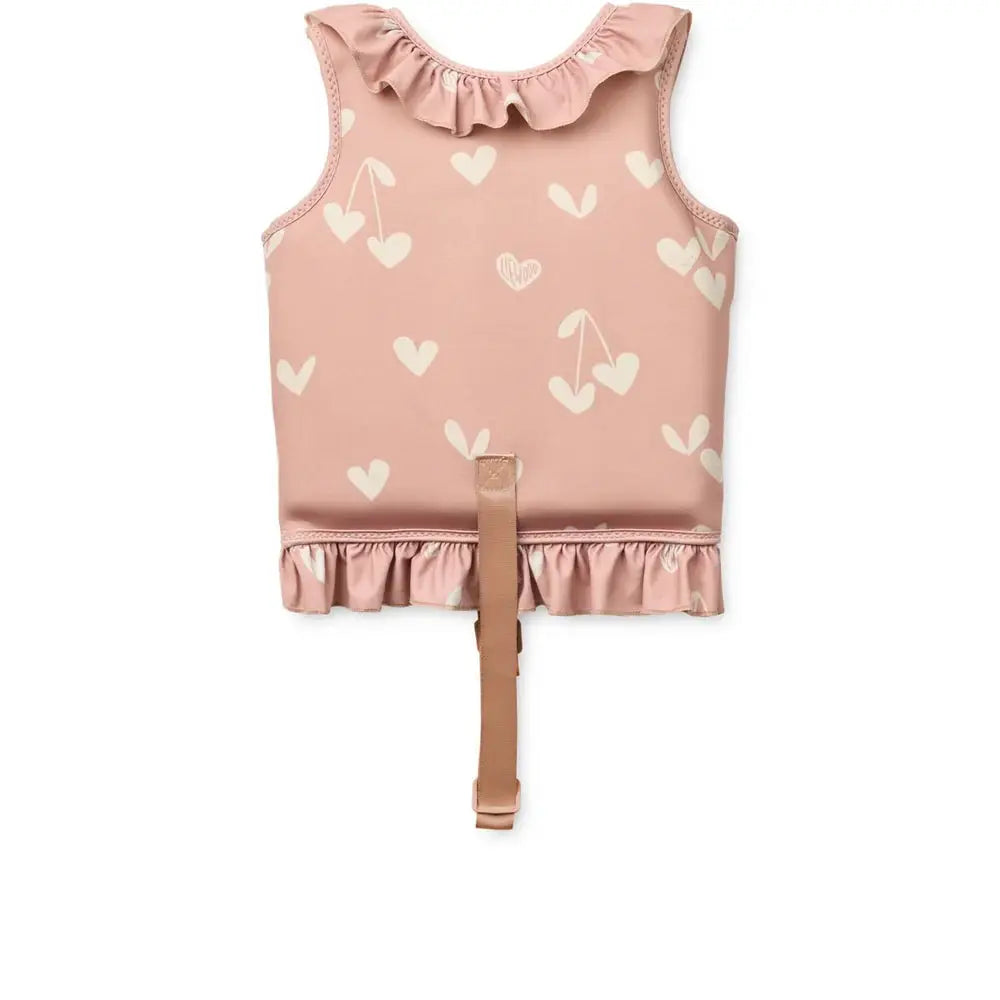 LIEWOOD dove swim vest pink sweetheart pale Tuscany with white heart prints, ruffled neckline and hem, tan strap.