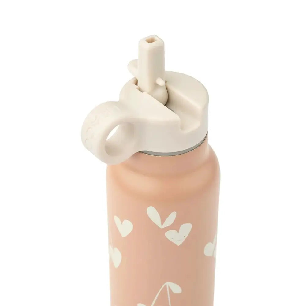 LIEWOOD water bottle 350ml Falk Sweethearts pale Tuscany pink with white heart print and white lid.