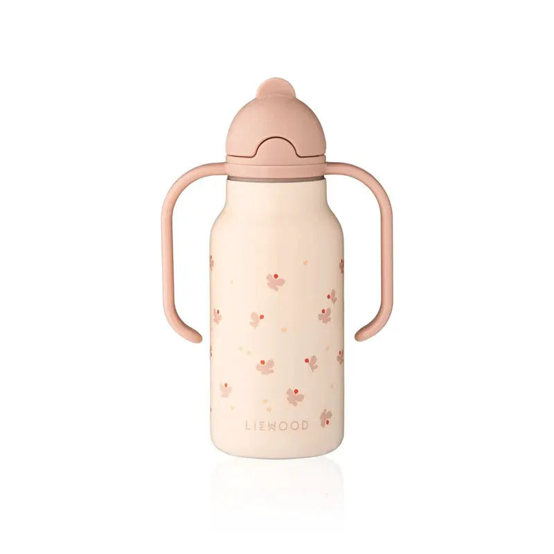 LIEWOOD gourde 250ml water bottle with pink cap and dual handles, cream body with tiny pink butterfly blossoms.