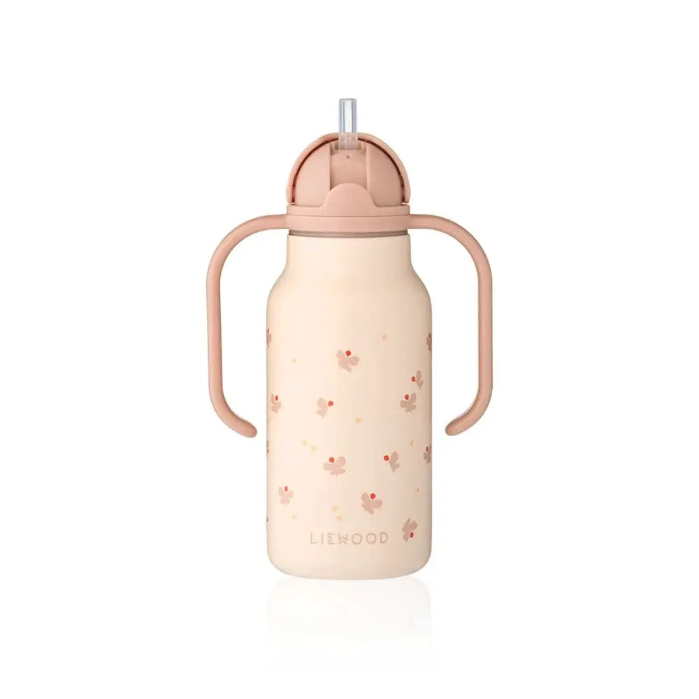 LIEWOOD gourde 250ml water bottle with pale peach body, butterfly apple-blossom print, pink twin handles and lid