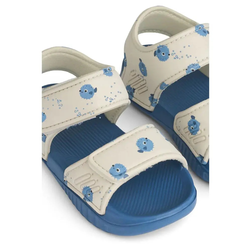 LIEWOOD baby sandals Blumer with white straps and blue pufferfish print, blue sole