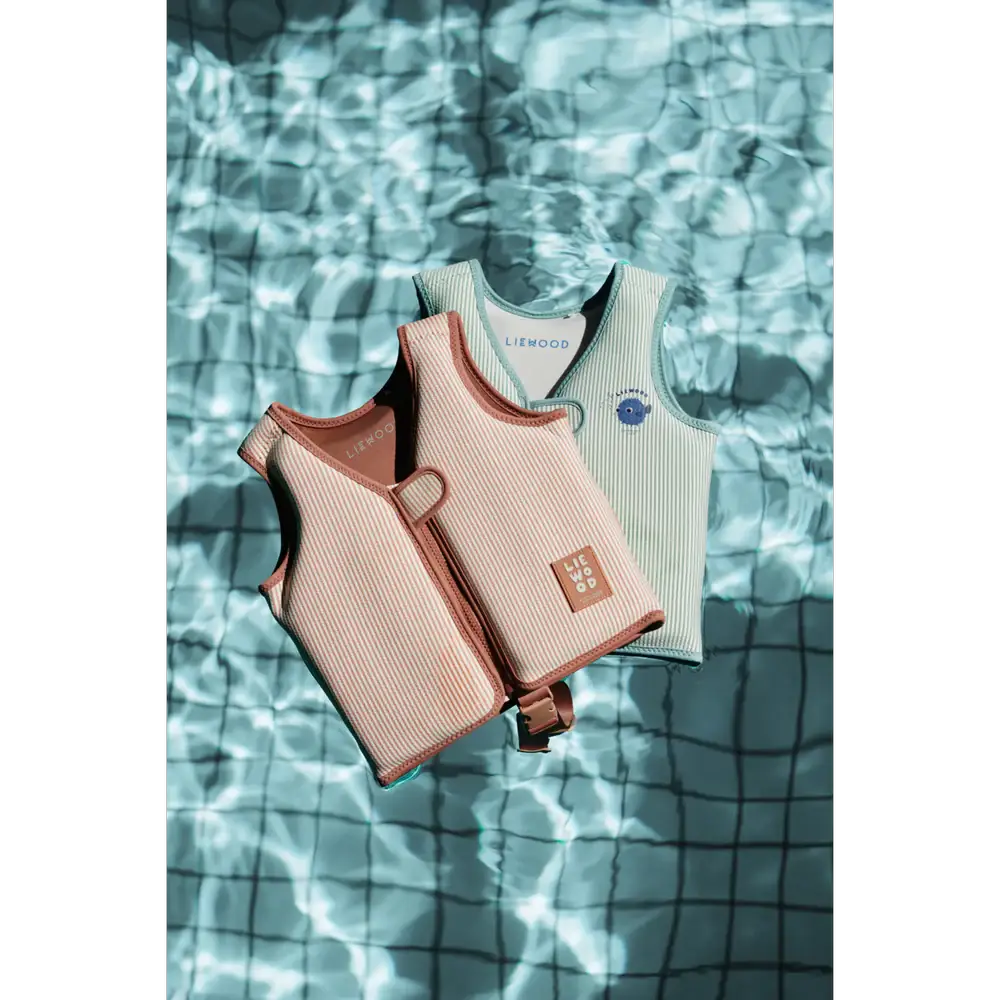 Swim vests set: LIEWOOD stripe pale Tuscany creme; three pastel vests in peach and mint with logo patch