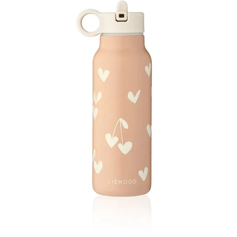 LIEWOOD water bottle 350ml, pale pink with white heart pattern, white lid with loop