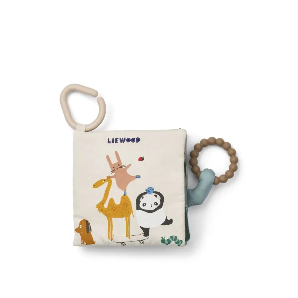LIEWOOD baby activity book in beige fabric with world animals, attached wooden bead ring
