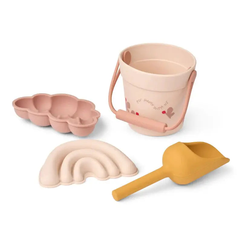 LIEWOOD mini beach set, pink pastel bucket with handle, yellow shovel, pink multi-cavity mold & rainbow mold (4-piece).