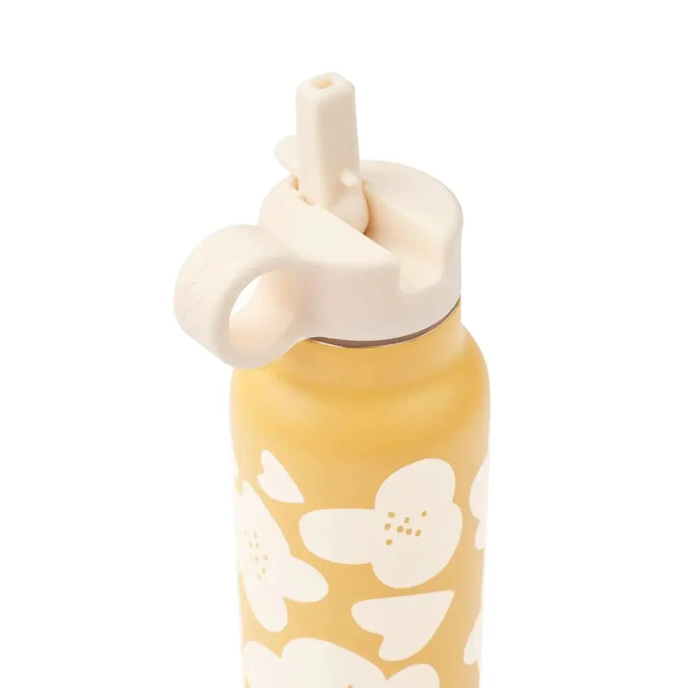 Liewood gourde 350ml yellow bottle with white floral print and white straw cap