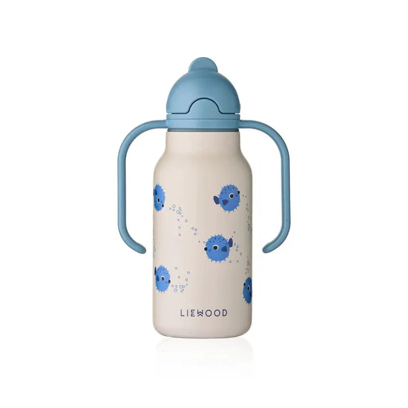 LIEWOOD water bottle 250ml Kimmie, sandy beige with blue pufferfish print, blue lid and handles