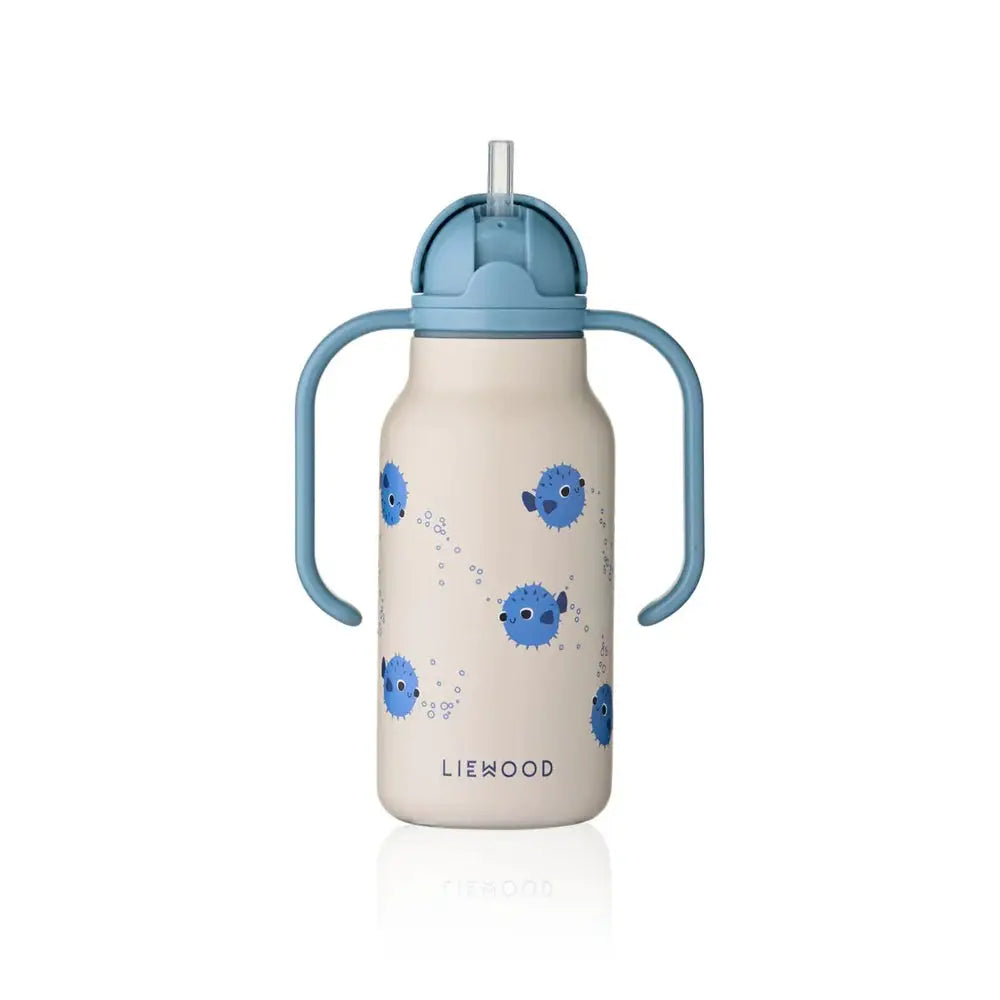 LIEWOOD gourde 250ml water bottle with blue handles and cap, beige sandy body with blue pufferfish print