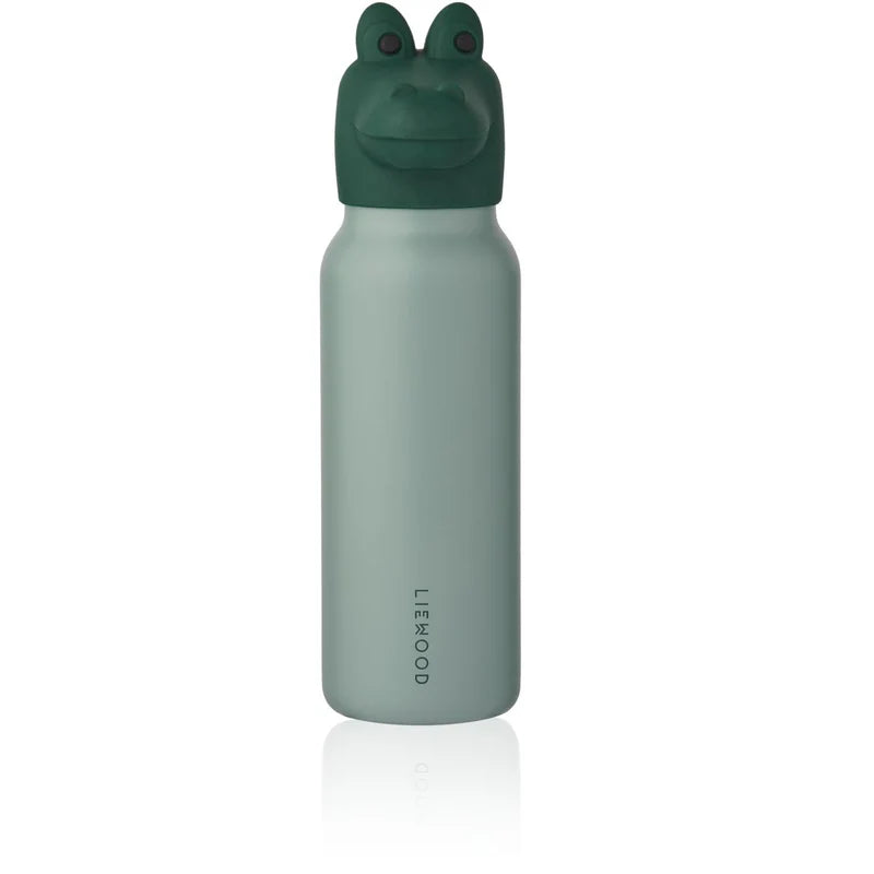 LIEWOOD 350ml water bottle with dark green crocodile lid and sage-green body