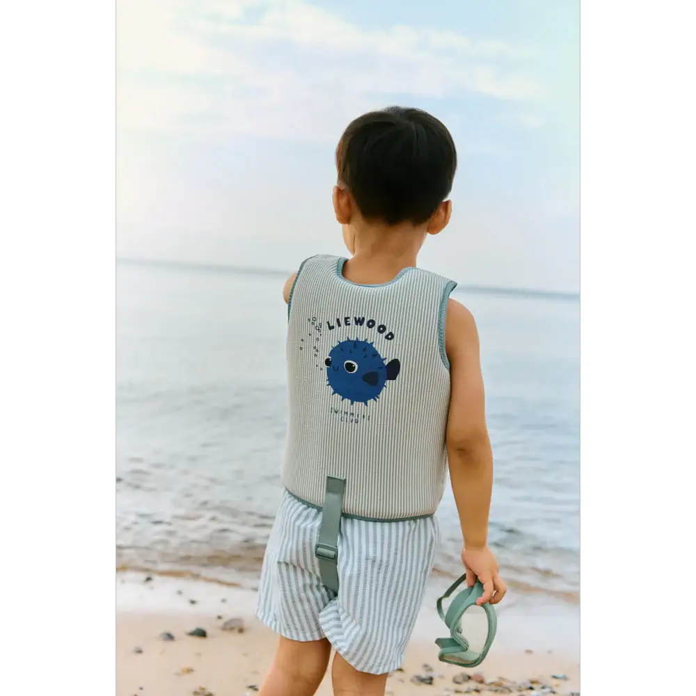 LIEWOOD dove swim vest; peppermint sandy, light striped fabric, blue logo on back