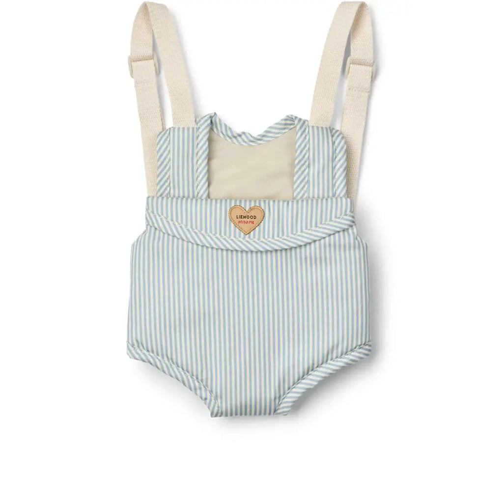 Liewood porte-poupée Eleanor doll carrier in blue and white striped fabric with beige straps