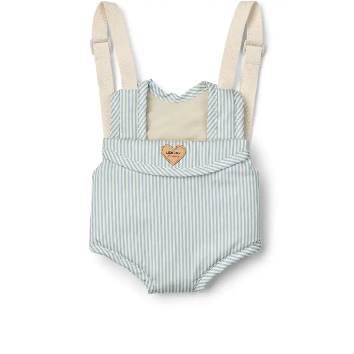 Liewood porte-poupée Eleanor doll carrier in blue and white striped fabric with beige straps